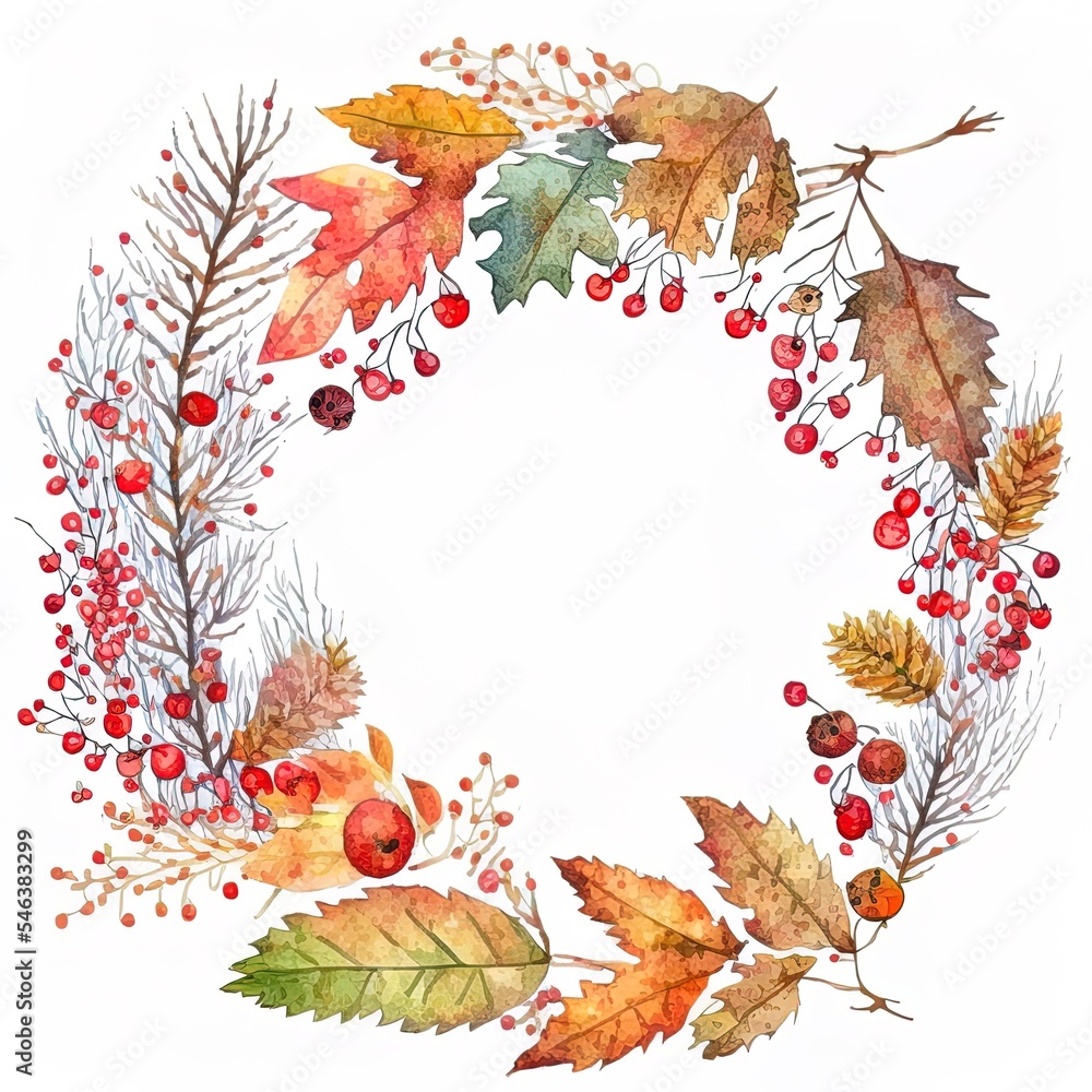 水彩手绘秋季花环，带季节树木的彩色叶子插图，落叶，