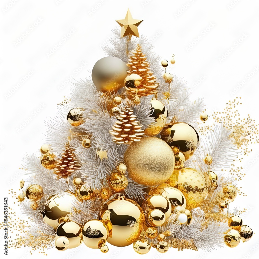 白色背景上有金色圣诞装饰圣诞树的圣诞构图