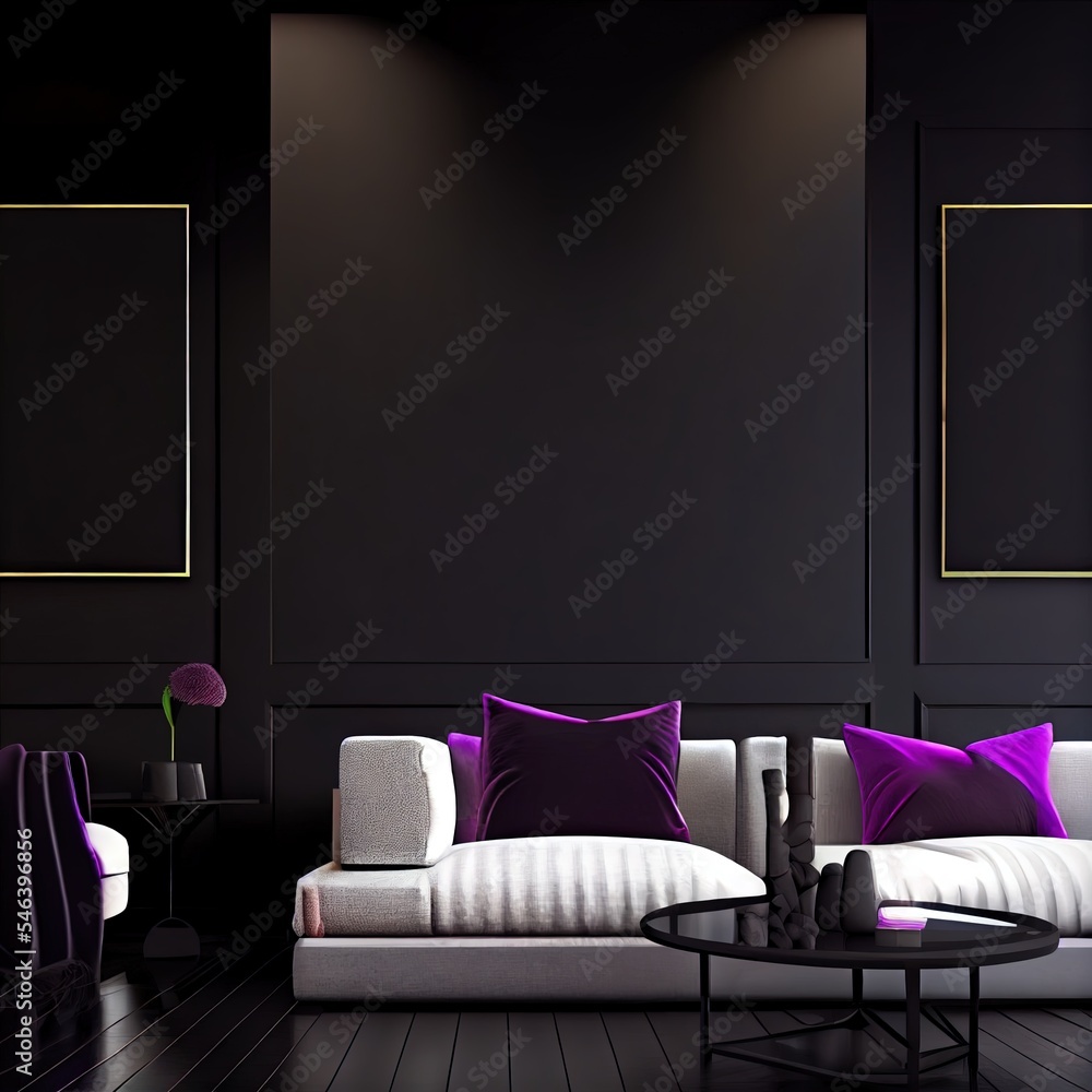 Living room with dark walls as a background blank. Interior design scene for art. Black paint and da