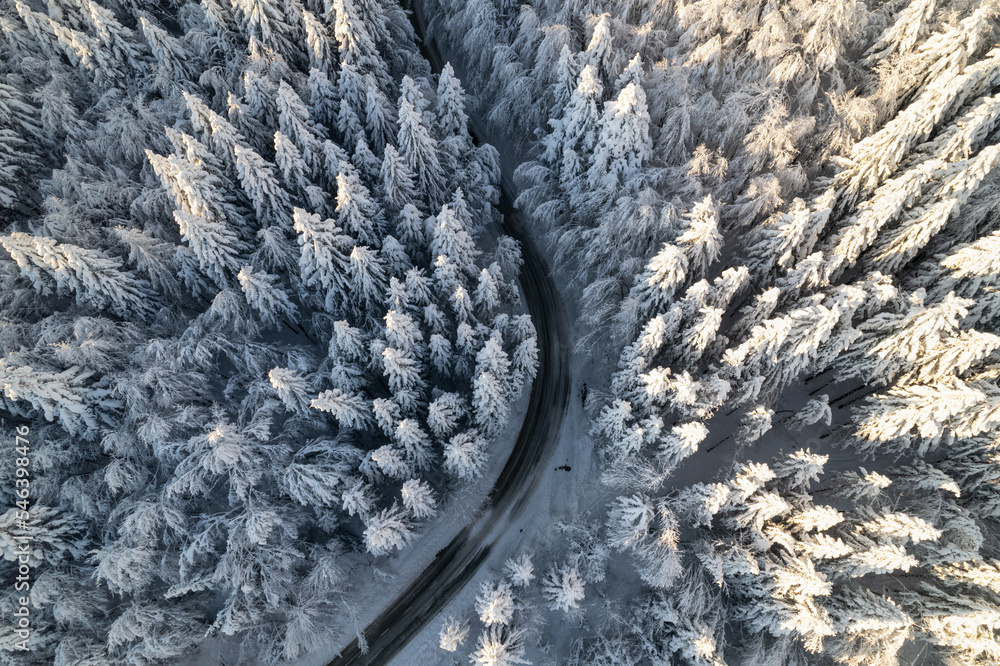 空中俯视：白雪覆盖的森林中蜿蜒的山路