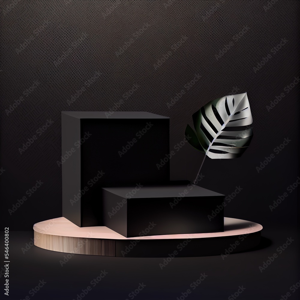 用于产品展示的最小两个木箱底座或讲台。化妆品支架底座。黑色背景