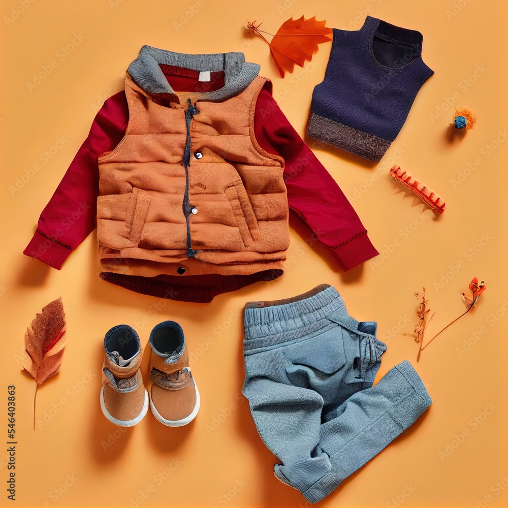 幼儿保暖衣服、鞋子和彩色背景玩具的组成儿童服装