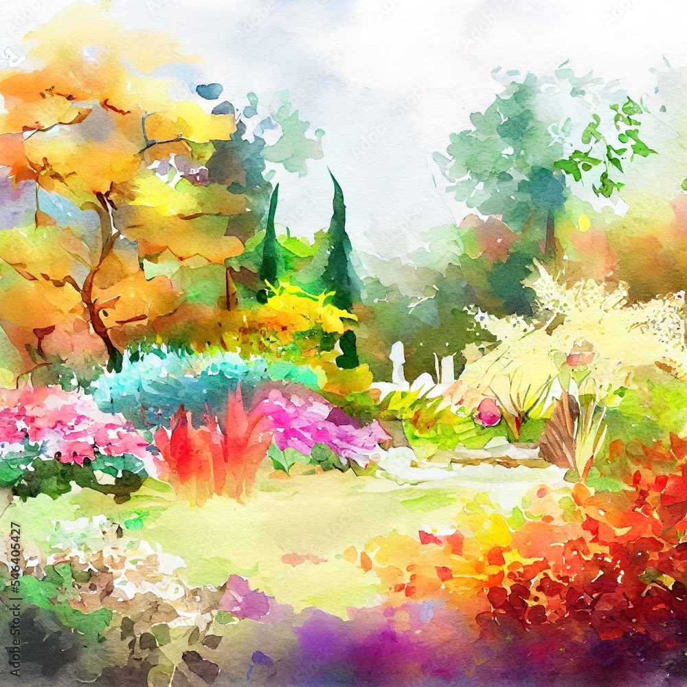 色彩斑斓的花卉、花园、树木和草地的水彩画，生活在大自然的奥图