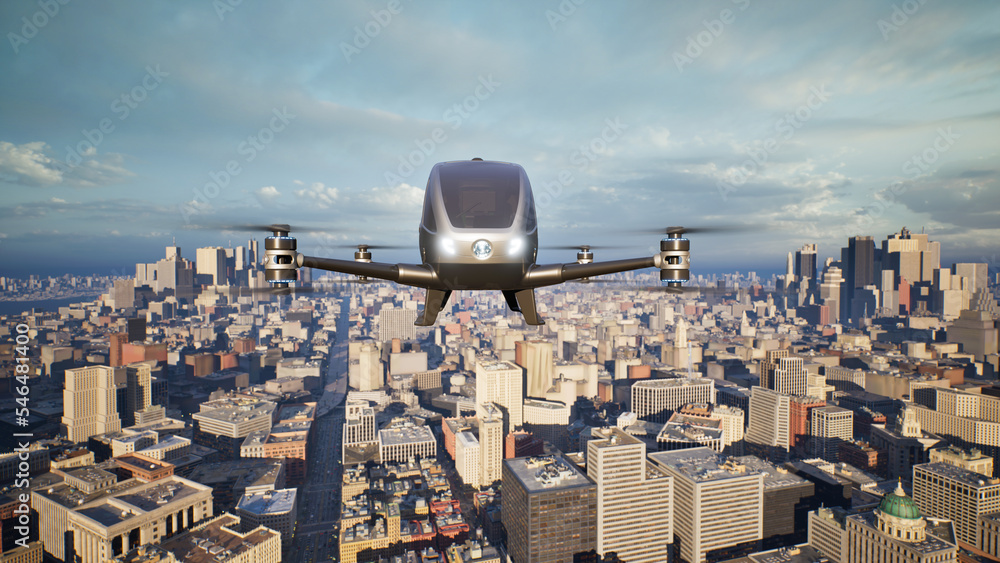 无人驾驶飞行器飞越城市，3d渲染
