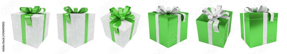 透明背景下的绿色圣诞礼物系列。带bo的3D渲染礼品套装