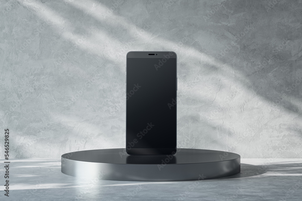 黑色现代智能手机屏幕正面视图，深色金属色可放置徽标或文字