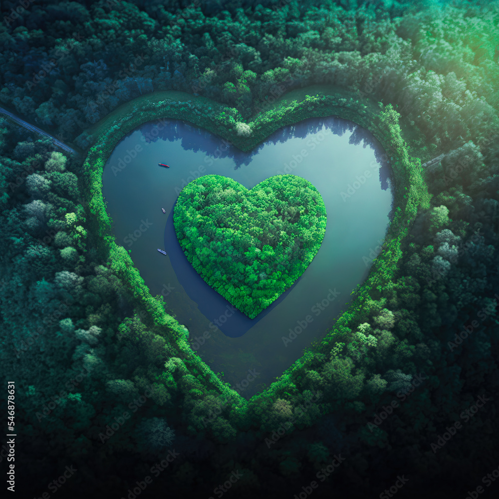 从空中俯瞰森林中的心形岛，以关爱环境、奉献水的理念