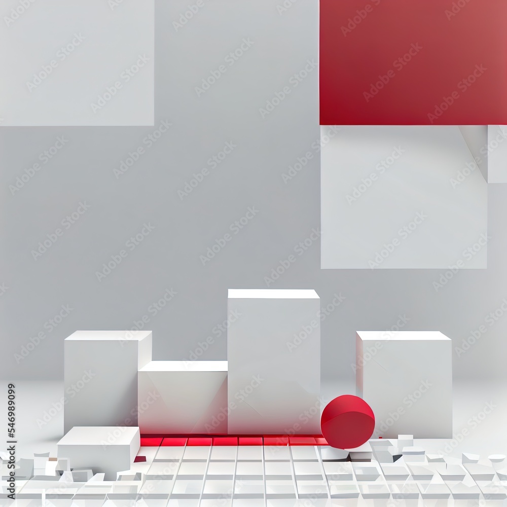 3d渲染，抽象背景，白色方形混凝土块和红色玻璃片。现代极简主义
