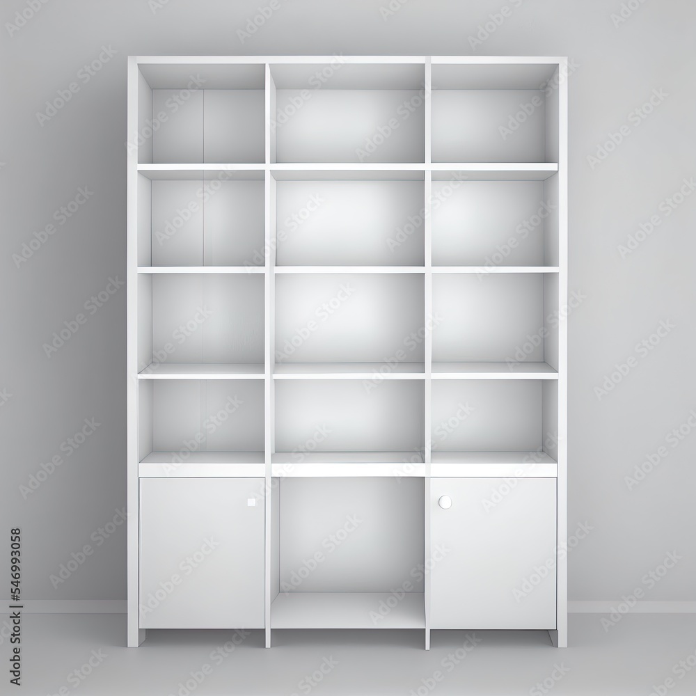 白色空柜的3D模型，浅色墙上有搁板。厨房家具或办公室书架