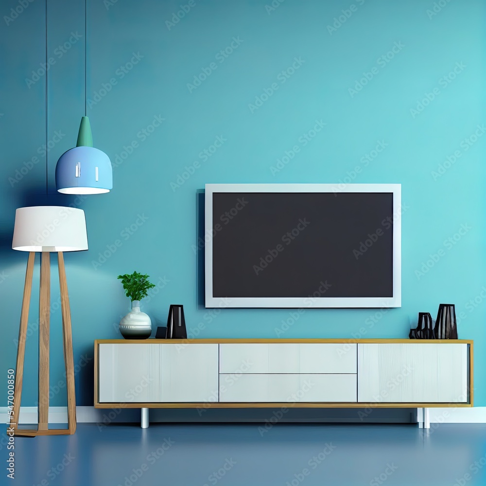 现代客厅橱柜上的电视，蓝色墙背景，3d渲染