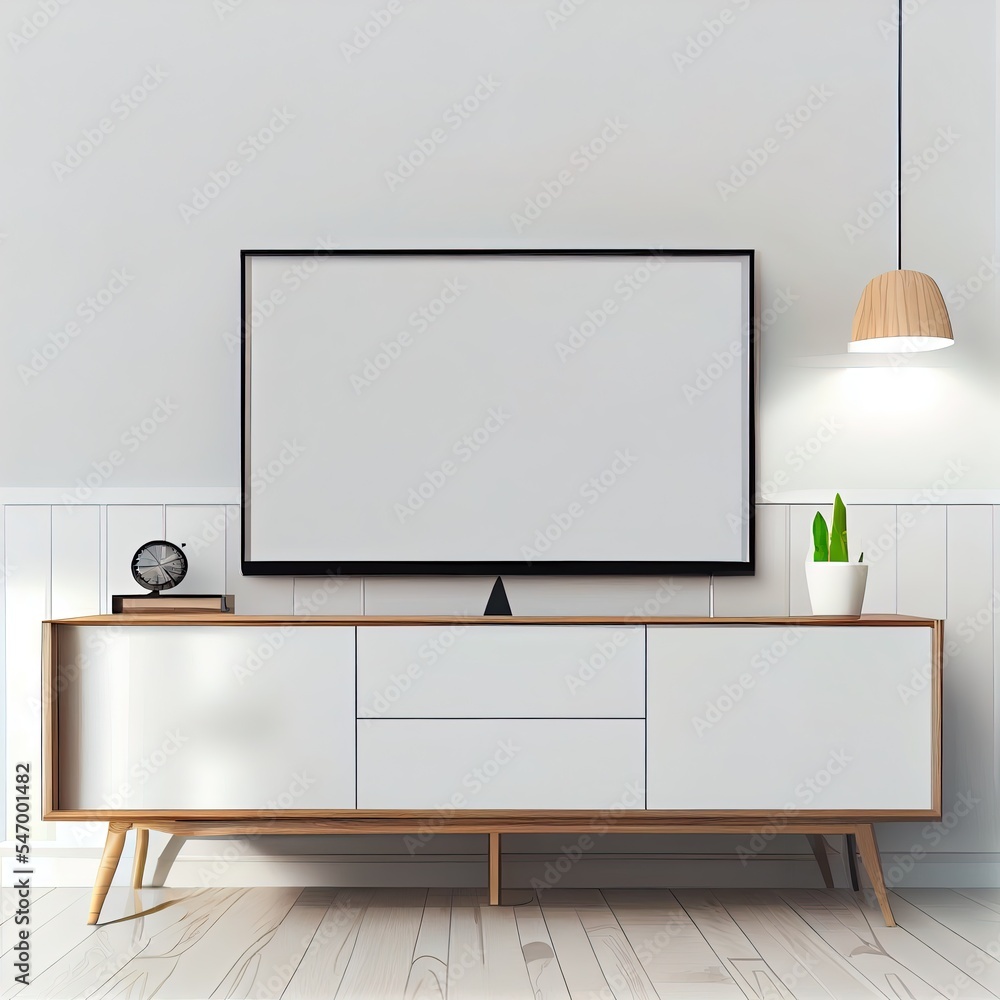 现代客厅橱柜上的电视，白墙背景，3d渲染