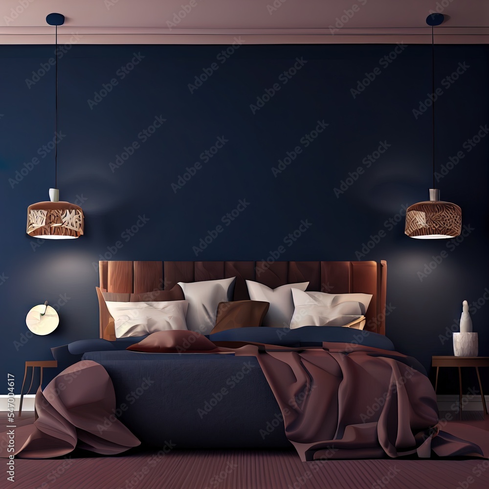 深蓝色的小卧室。简约的设计，有空的海军蓝墙作为壁纸或艺术品。c型大床
