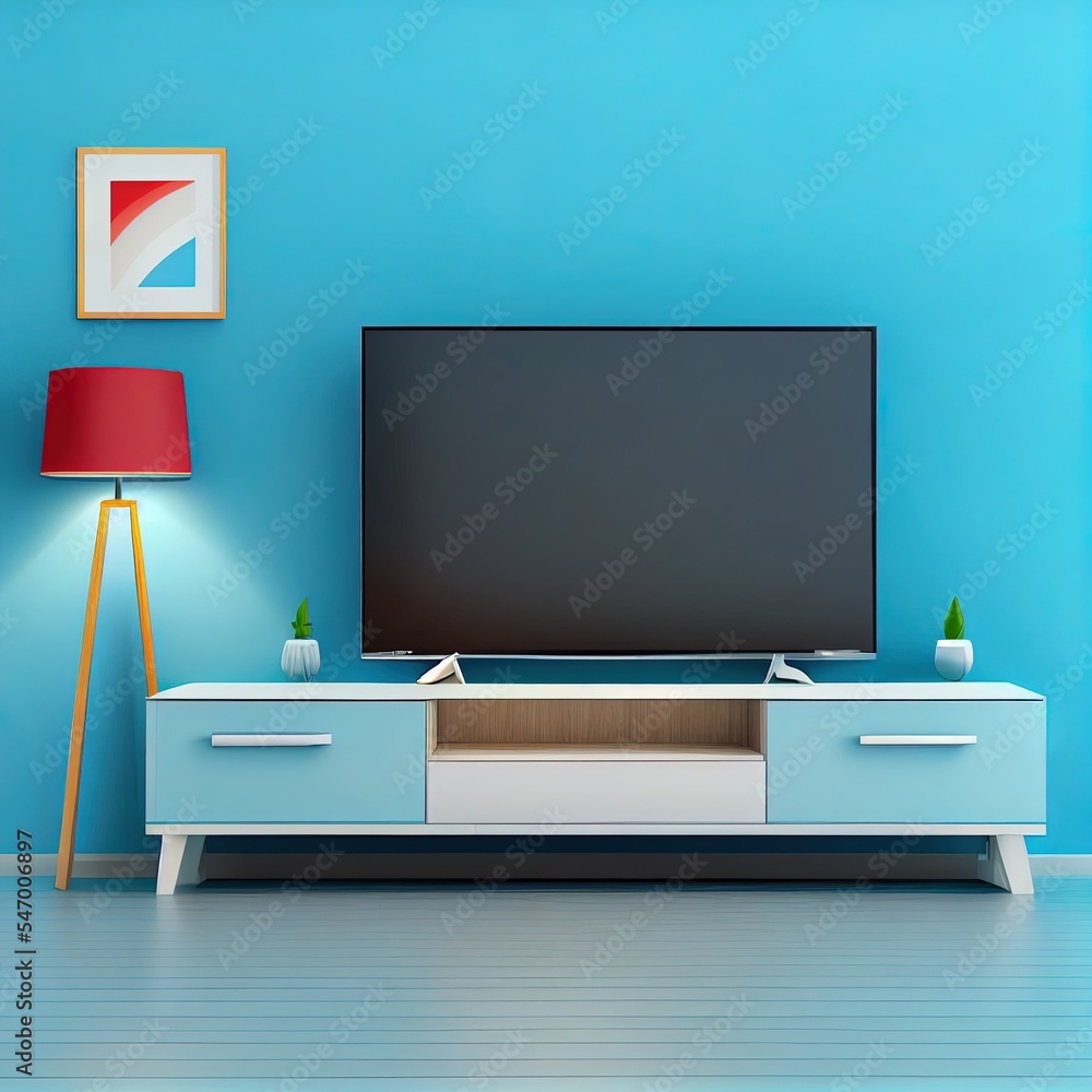 现代客厅橱柜上的智能电视，蓝色墙背景，3d渲染