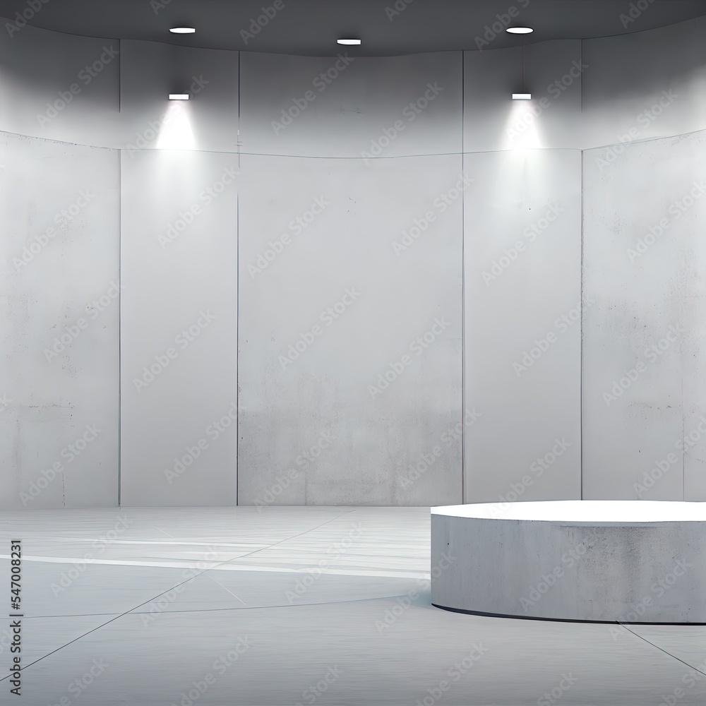 抽象的室内设计现代展厅的3D渲染。空地板和混凝土白色讲台