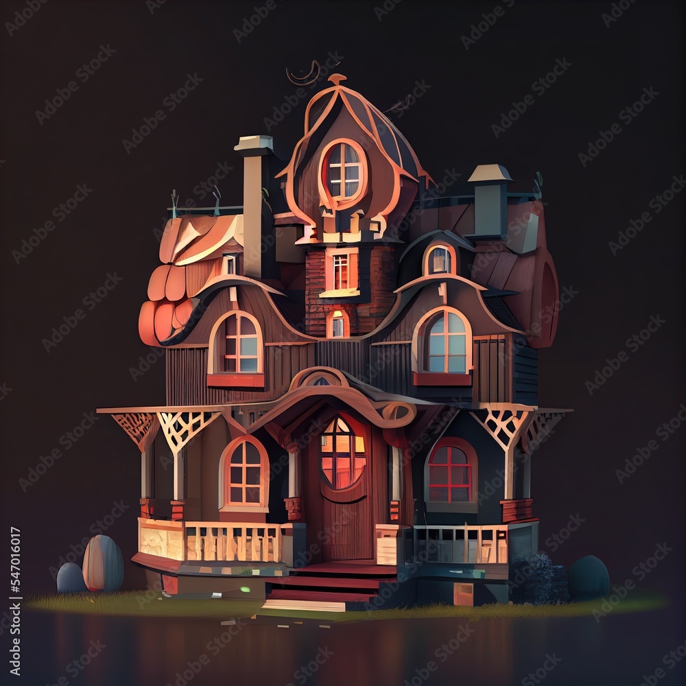 一栋乡间别墅的三维可视化。一栋有着不同寻常立面的房子。黑暗的房子立面