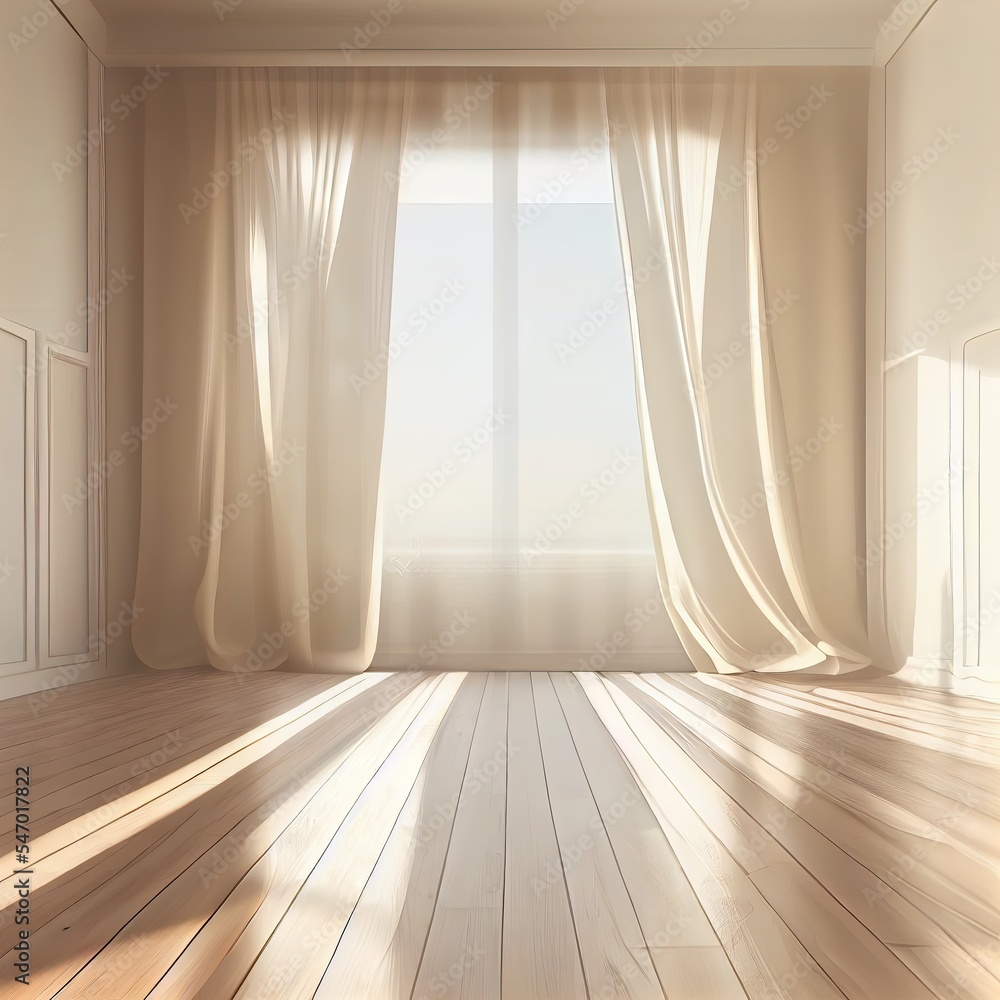 在米色空白墙上，白色透明c上，真实的3D渲染美丽的阳光和窗框阴影