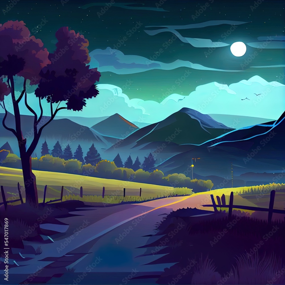 夜间最佳卡通自然景观。乡村土路沿着落叶的黑暗田野前行