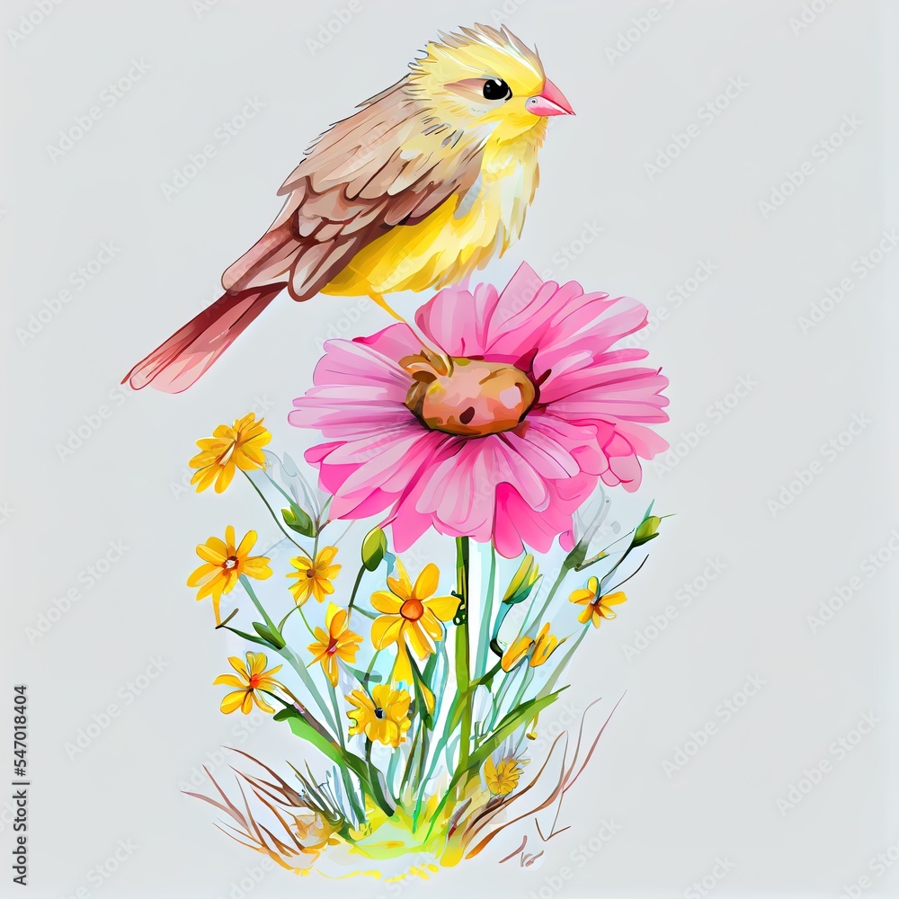 一只长着棕色翅膀的黄色鸟栖息在一朵可爱的花的茎上，望向远方。一束fr