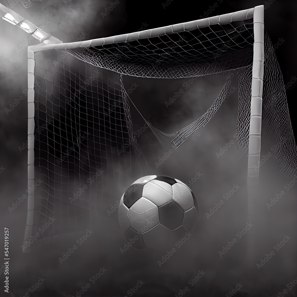 黑白灯光下的球门网中的足球，深黑色调的雾状烟雾背景。