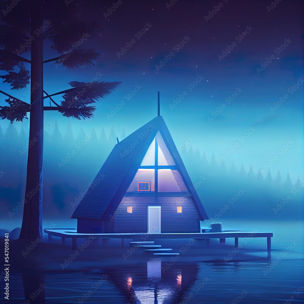 雾蒙蒙的夜晚露营的湖林背景浪漫三角屋设计理念