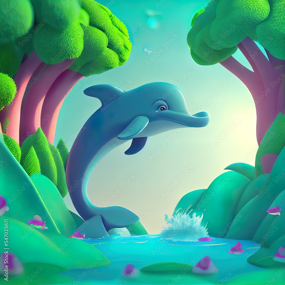 卡通自然景观，可爱的海豚从水中跳出来。三维渲染图。