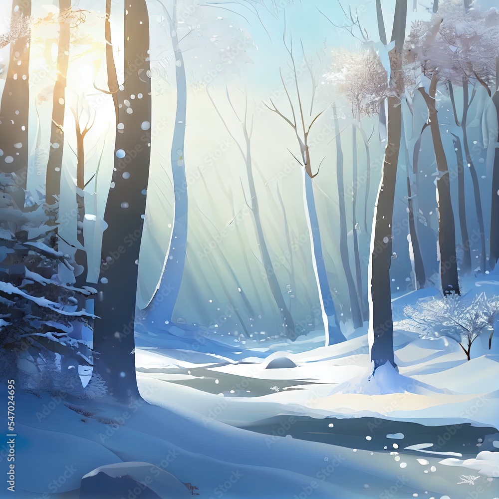白天有雪滴的神奇平静的冬季森林，冬季自然3D场景复制空间背景i