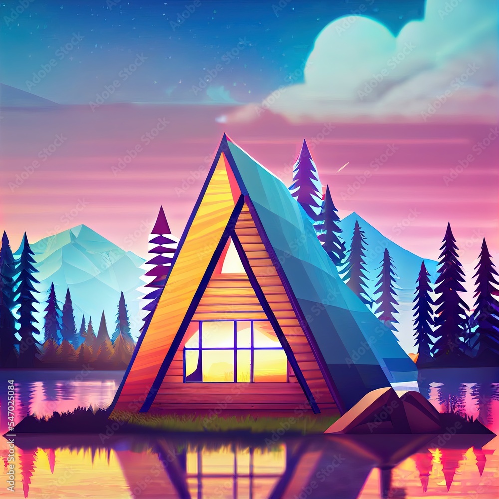 湖泊森林背景中的三角舱铁框架设计概念，用于度假三维插图
