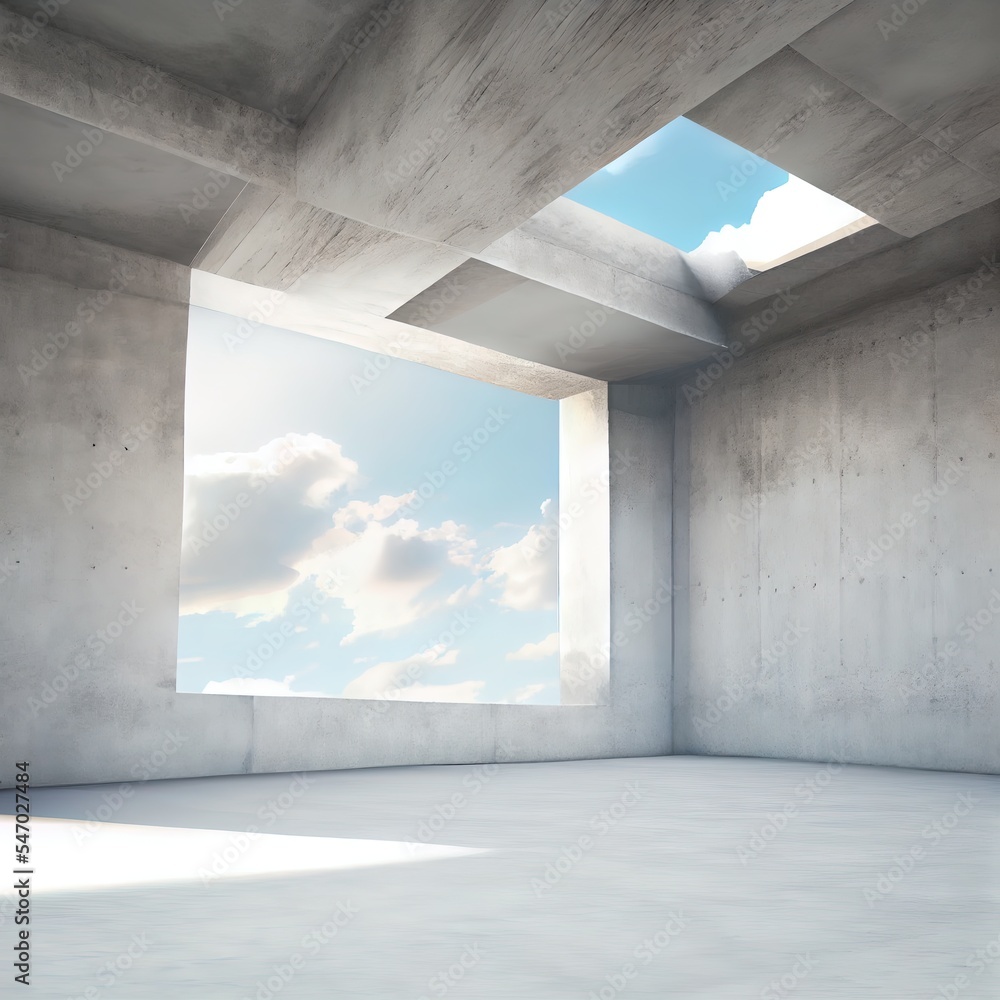 混凝土建筑背景。天空多云的极简空房间。3d渲染插图