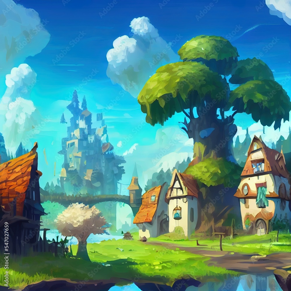 Town inside Forest with Blue Sky, Tall Tree, White Cloud. Fantasy Backdrop Concept Art. Realistic Il