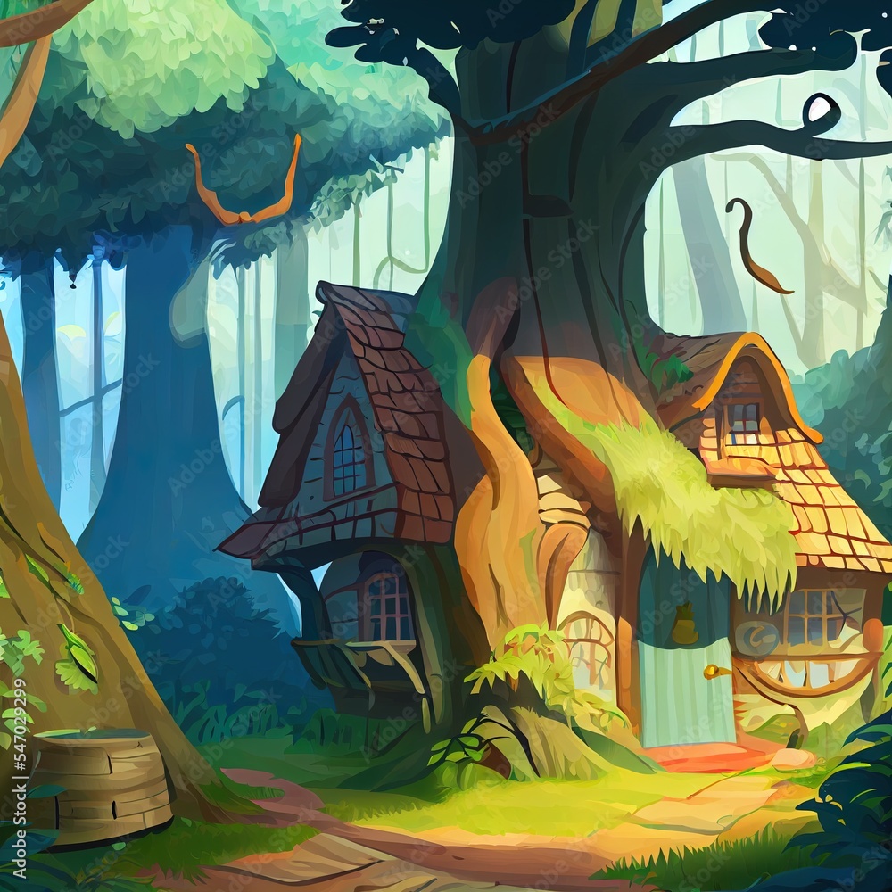 森林中一栋老房子的卡通背景为孩子们绘制的插图