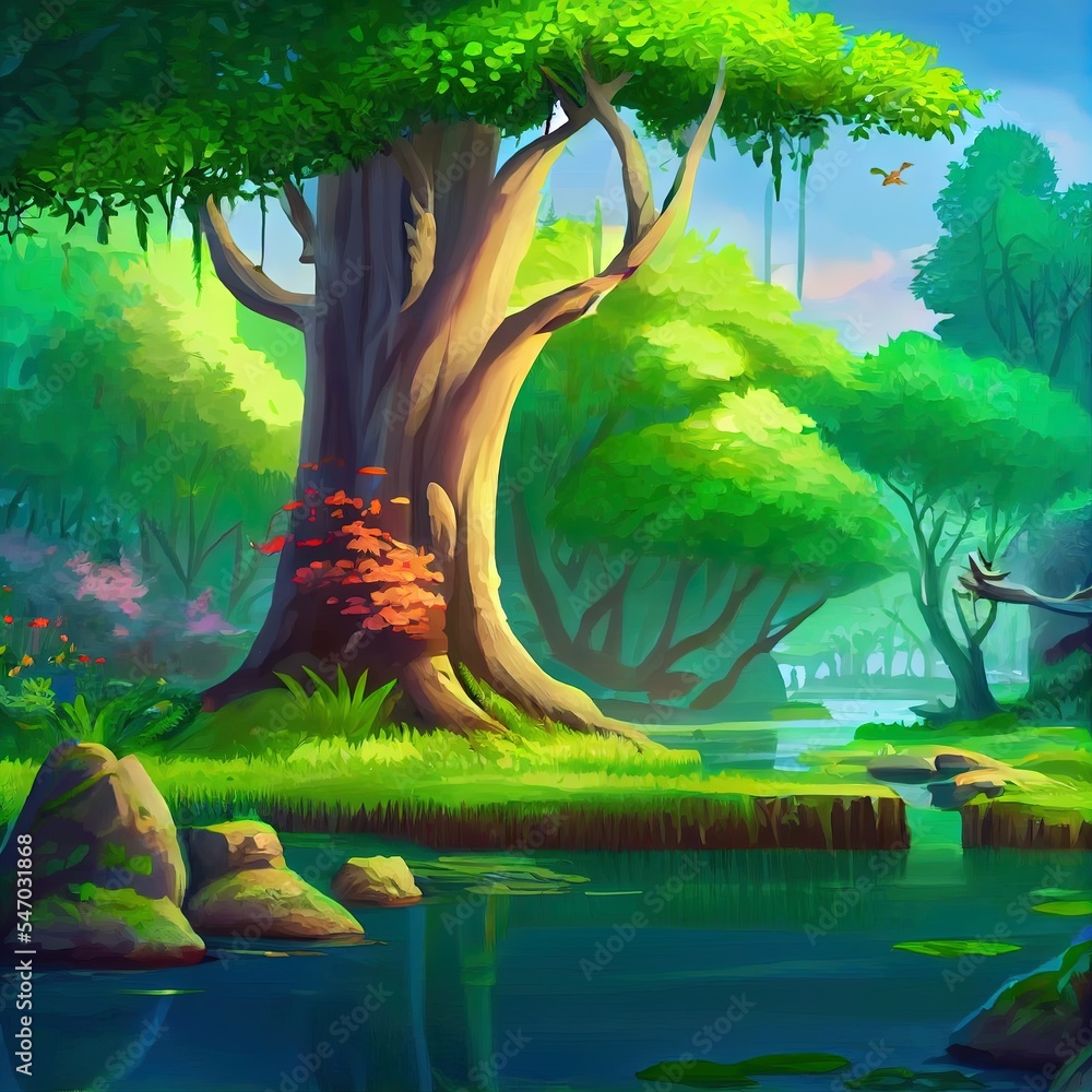 河岸上美丽的树木。湖泊森林秘密花园。梦幻背景概念艺术。现实主义Il