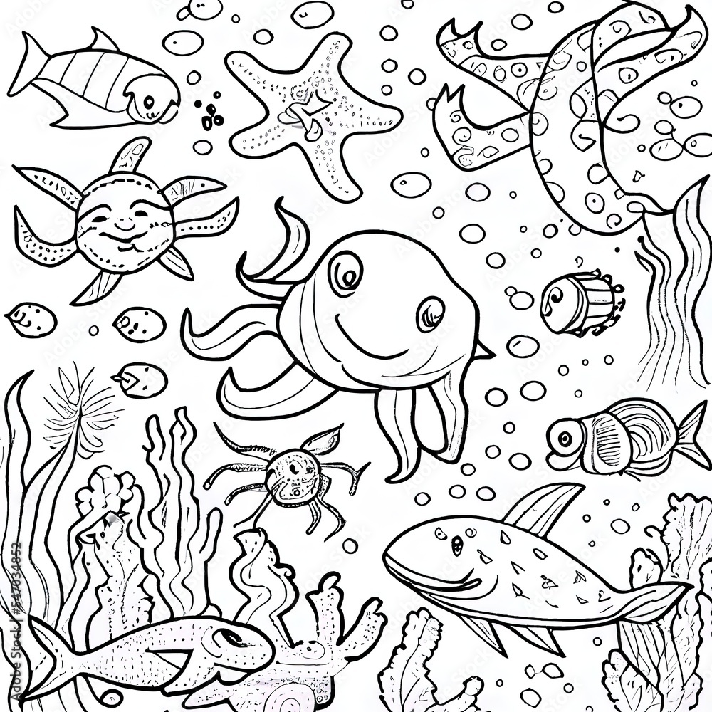 海底儿童可爱海洋生物涂色页