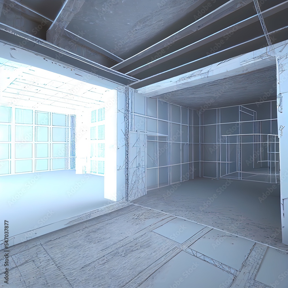 具有分层墙方案的空房间的三维渲染。在建筑工程的一半中，三维插图