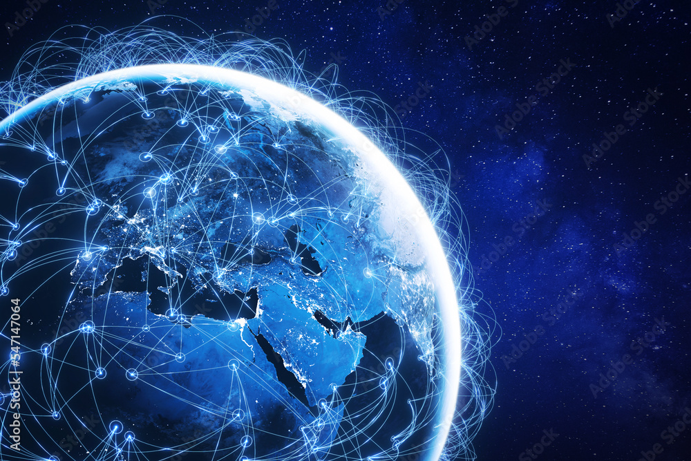 互联网技术与全球通信网络连接，用于物联网、远程办公
