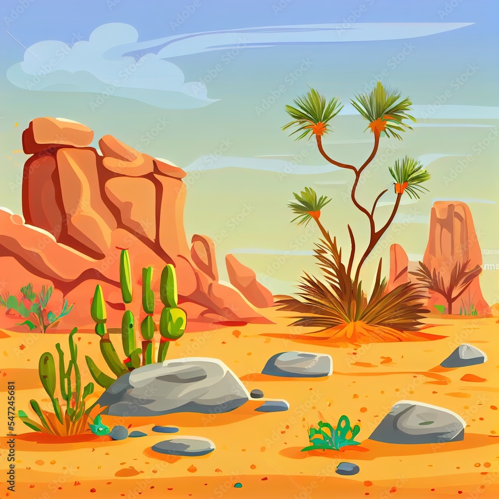 沙漠景观，岩石、热带树木、草地和盛开的仙人掌。2d插图卡通illu