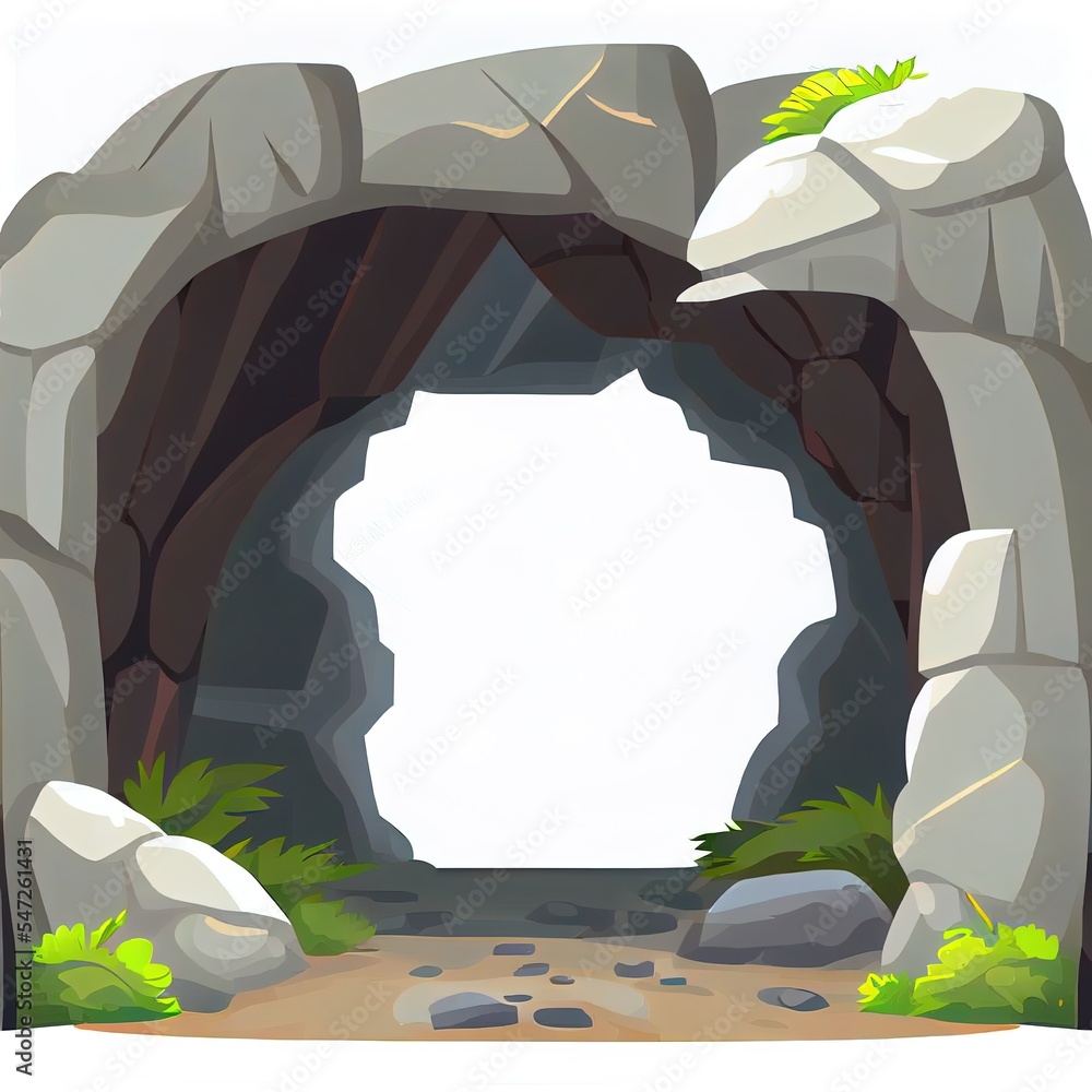 石洞入口，里面有空的白色空间。带有卡通石框架的2d插图模板。