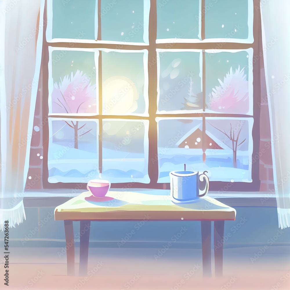 冬日窗户景观和破旧餐桌的模糊背景。冬日温馨温馨的氛围