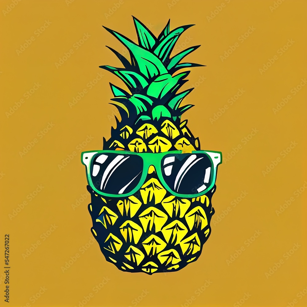戴着时尚太阳镜的手绘菠萝果剪贴画2d插图，合适