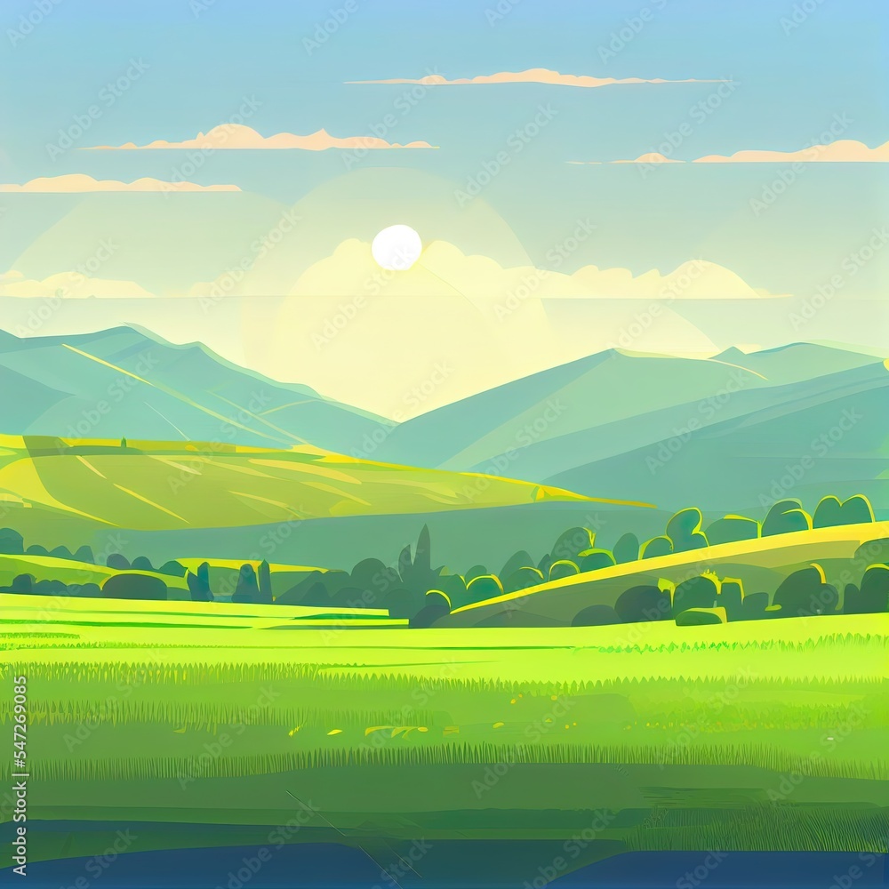 美丽的夏日田野的二维插图，黎明，绿色的山丘，明亮的蓝天，计数