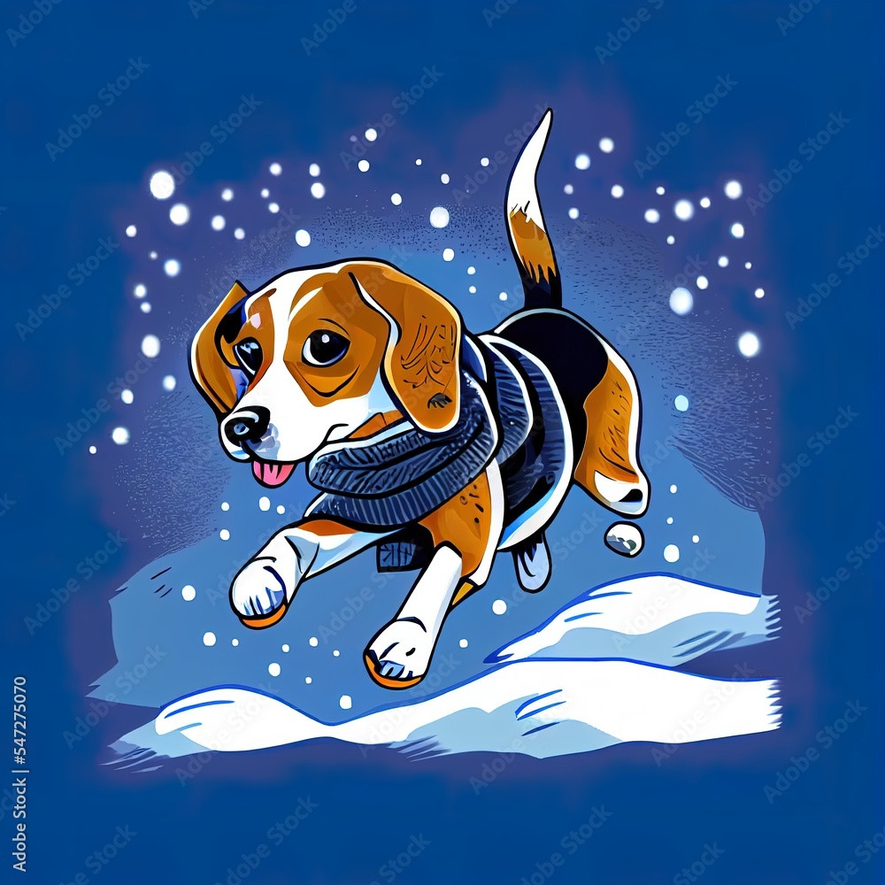 狗在深雪中奔跑。比格猎犬穿着防寒犬夹克在雪地里奔跑
