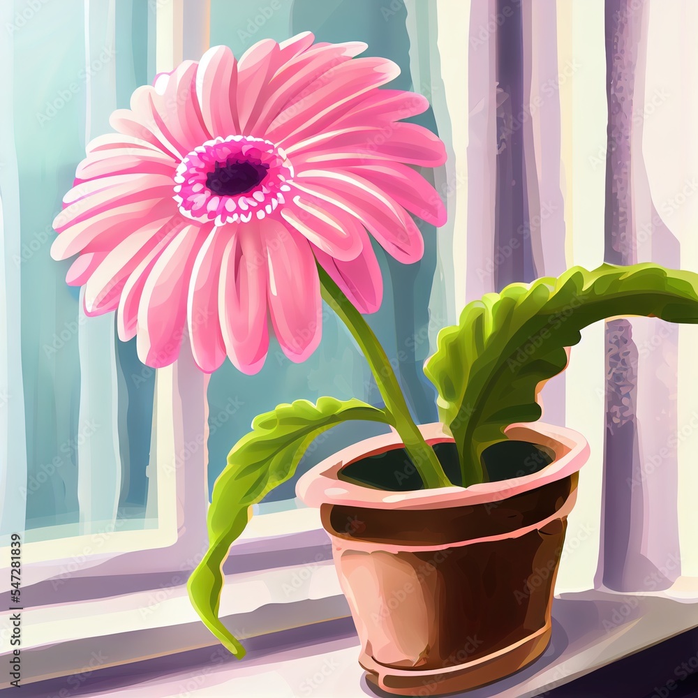 美丽的粉红色非洲菊在窗台上的花盆里。