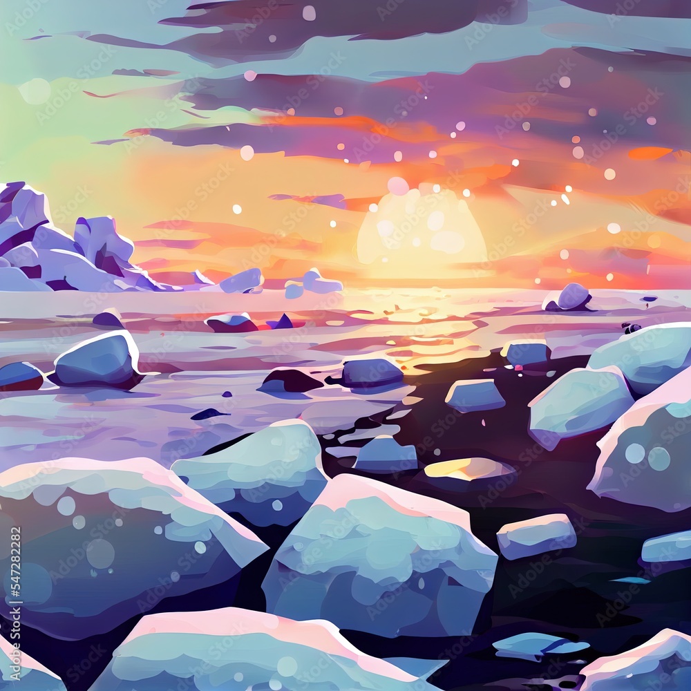 海边冰雪特写。日落的天空。冬季自然风景。