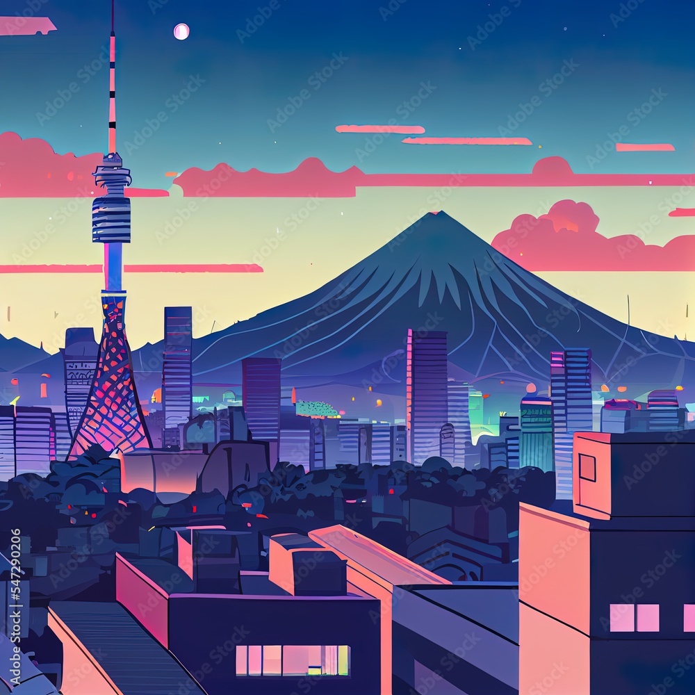 黄昏时的富士，日本东京的城市景观。