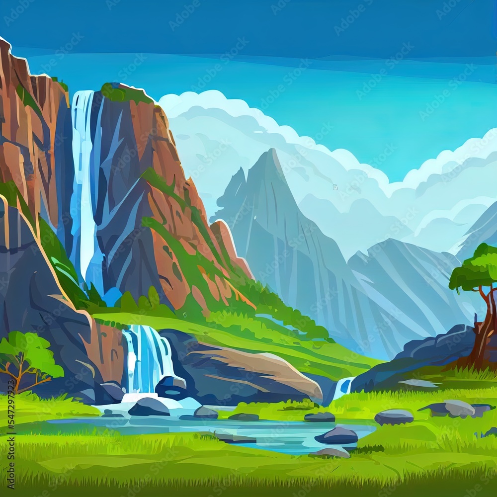 山谷中有瀑布、地面裂缝和树木。2d卡通全景插图