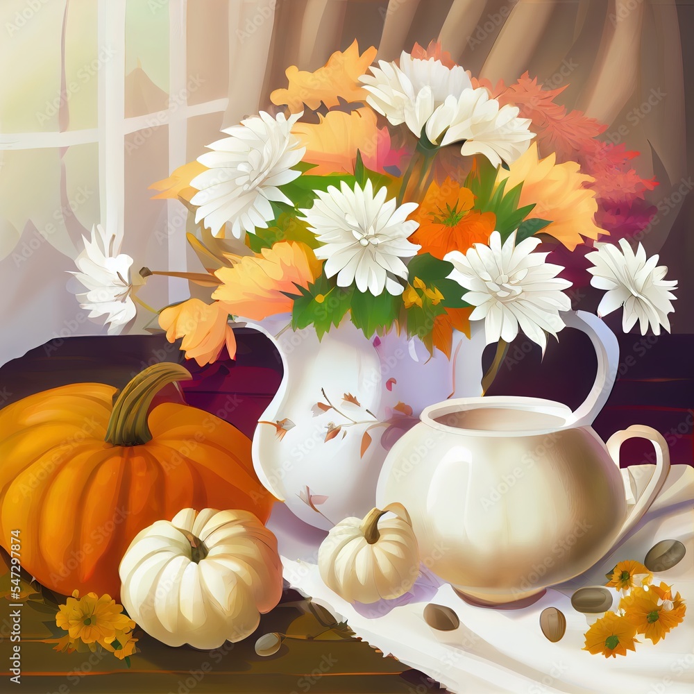 秋天的静物，桌上摆放着一束鲜花和白色和橙色的南瓜秋天的装饰f