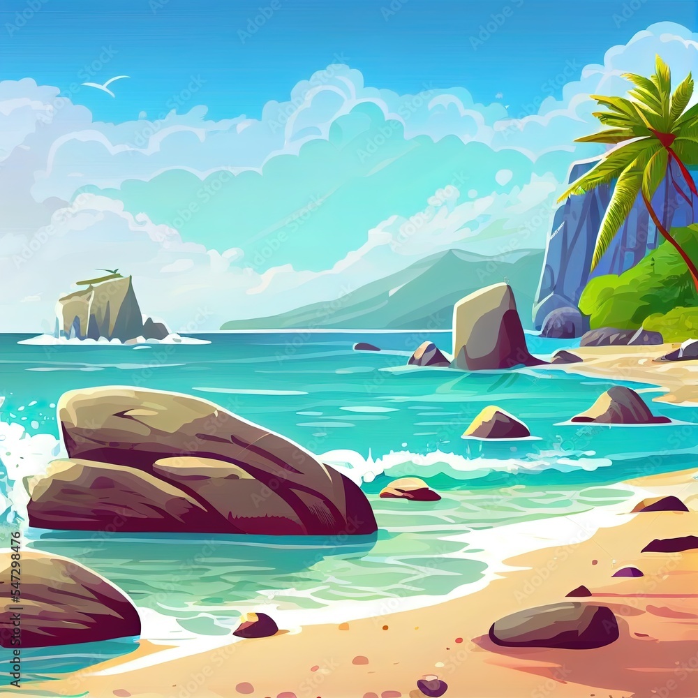 海滩顶视图背景，热带海洋海岸线，棕榈树和岩石在蓝色干净的水中