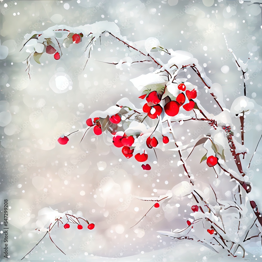 雪下的玫瑰果红色浆果树枝，冬季自然背景照片，白雪皑皑的自然，红白相间