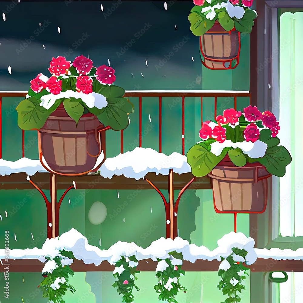 阳台花园，悬挂装饰花盆，配有冷冻天竺葵花卉和白色锡