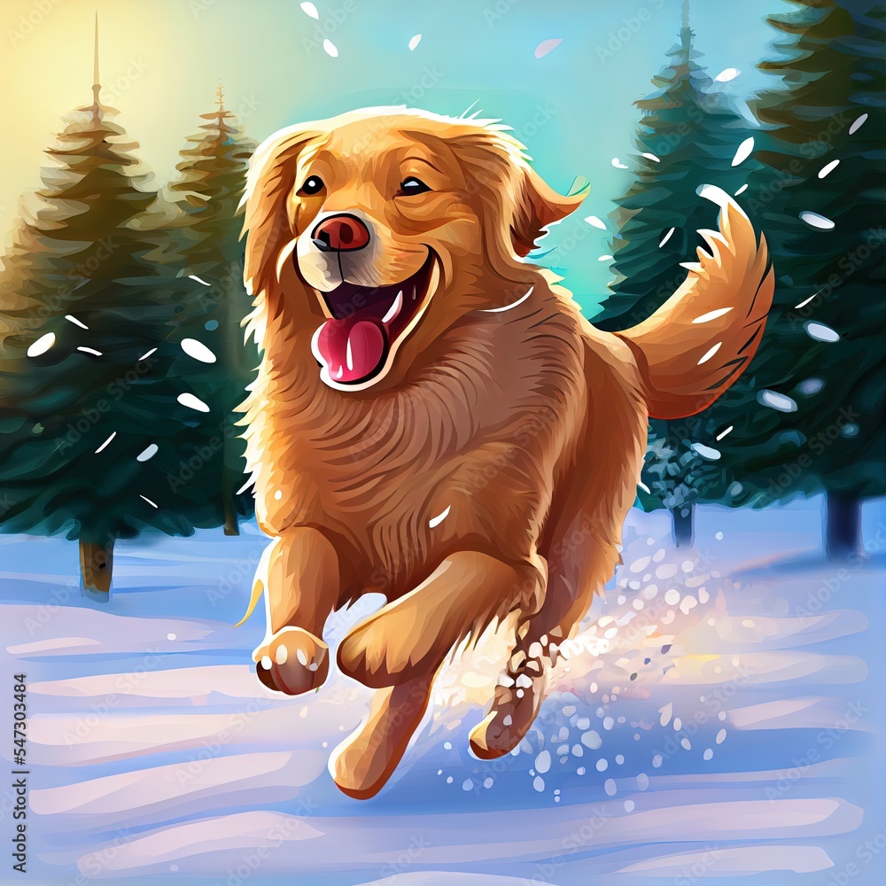 金毛寻回犬冬天在雪地里散步时伸出舌头快速奔跑