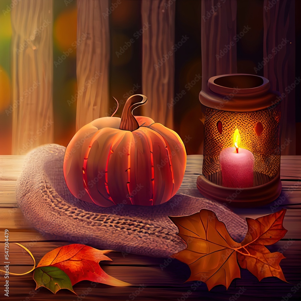 Cozy and autumnal atmosphere A candle is burning against the background of a knitted plaid with fall